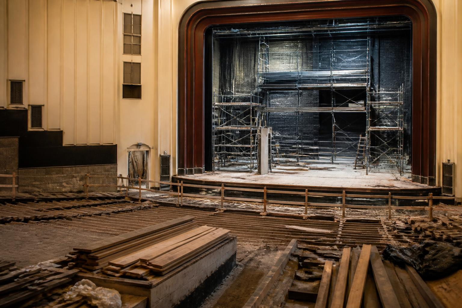 Renovation work underway inside a university theater