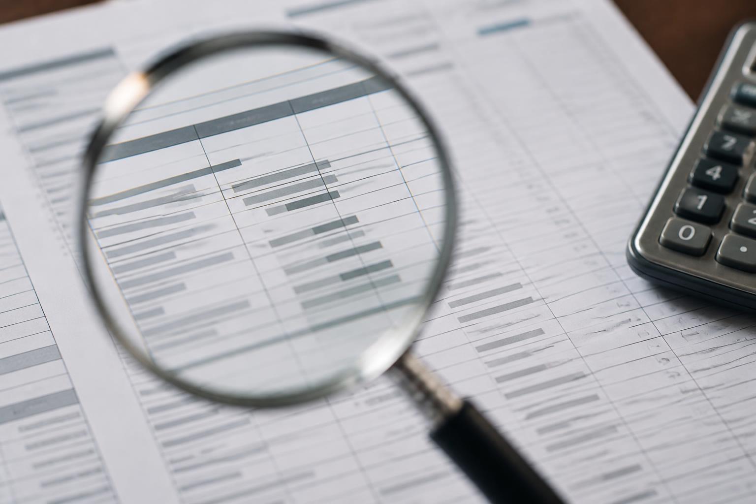 A magnifying glass resting on a construction bid breakdown