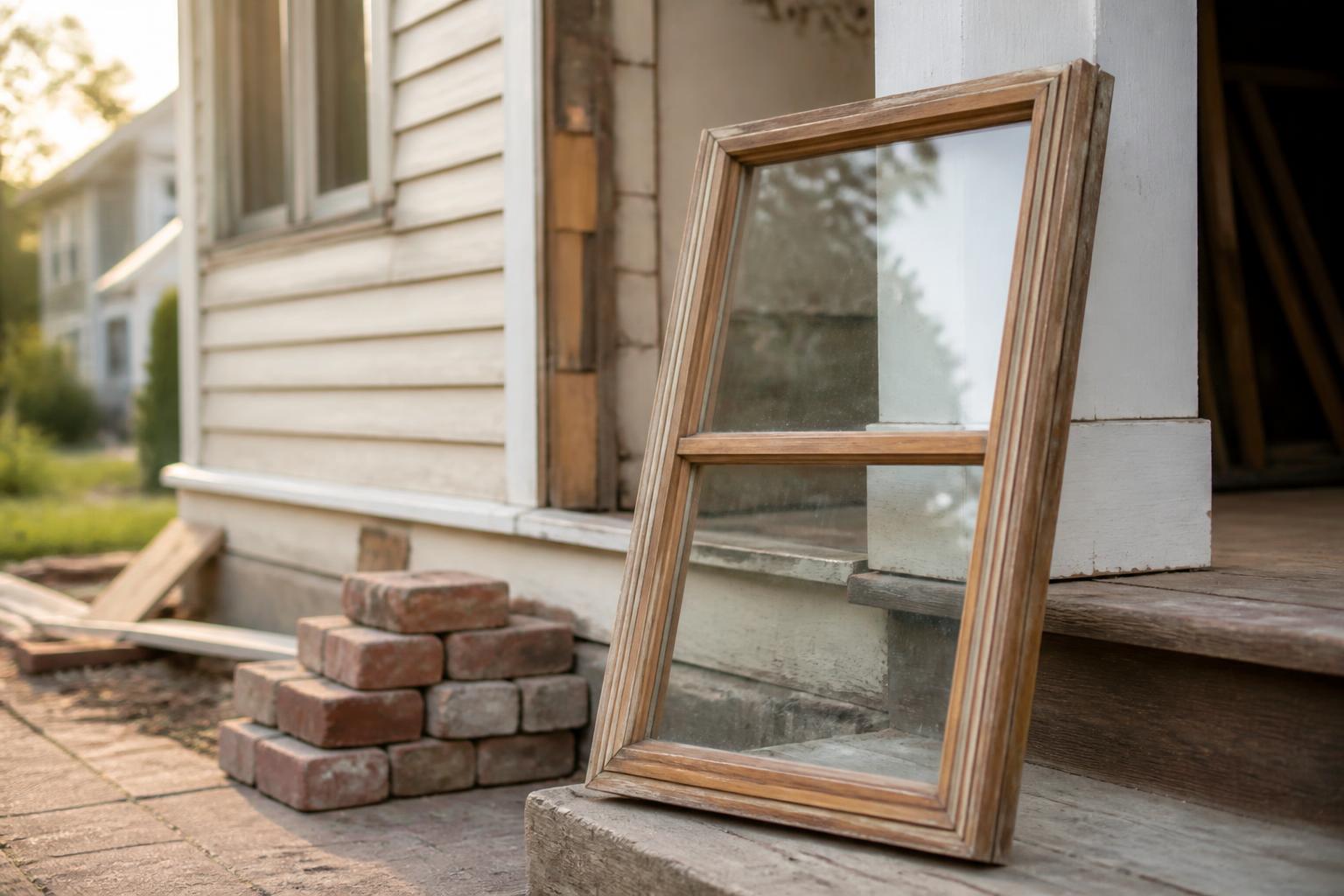 Restored double-hung windows leaning against a historic bungalow porch