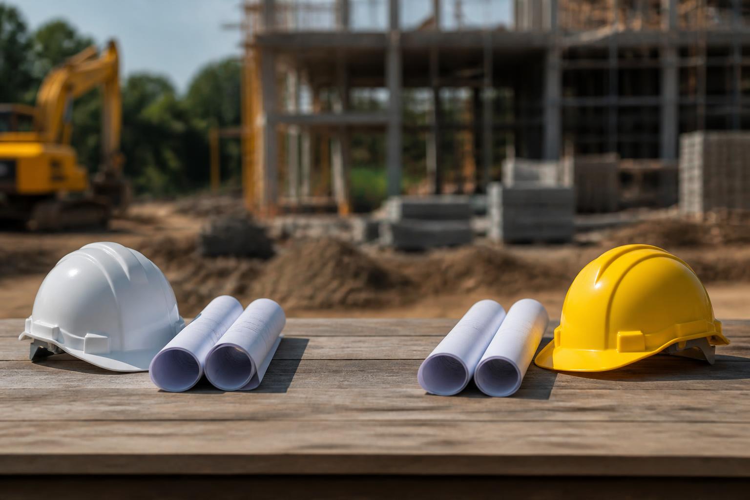 Two hard hats and drawing sets representing project oversight roles