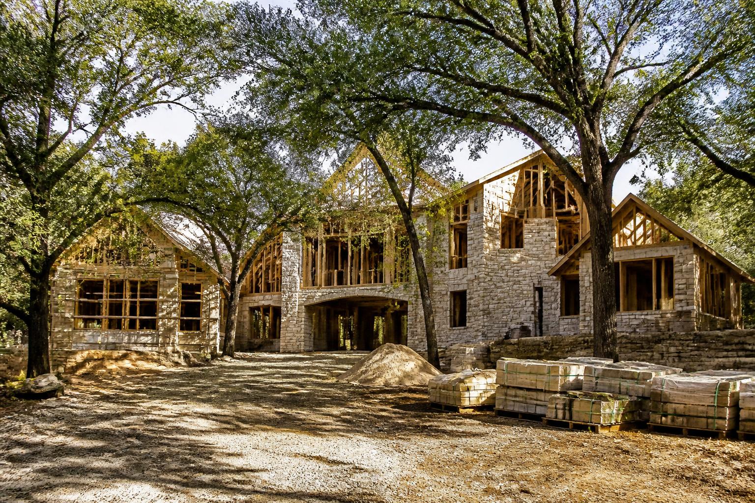 A large custom home under construction among mature oaks
