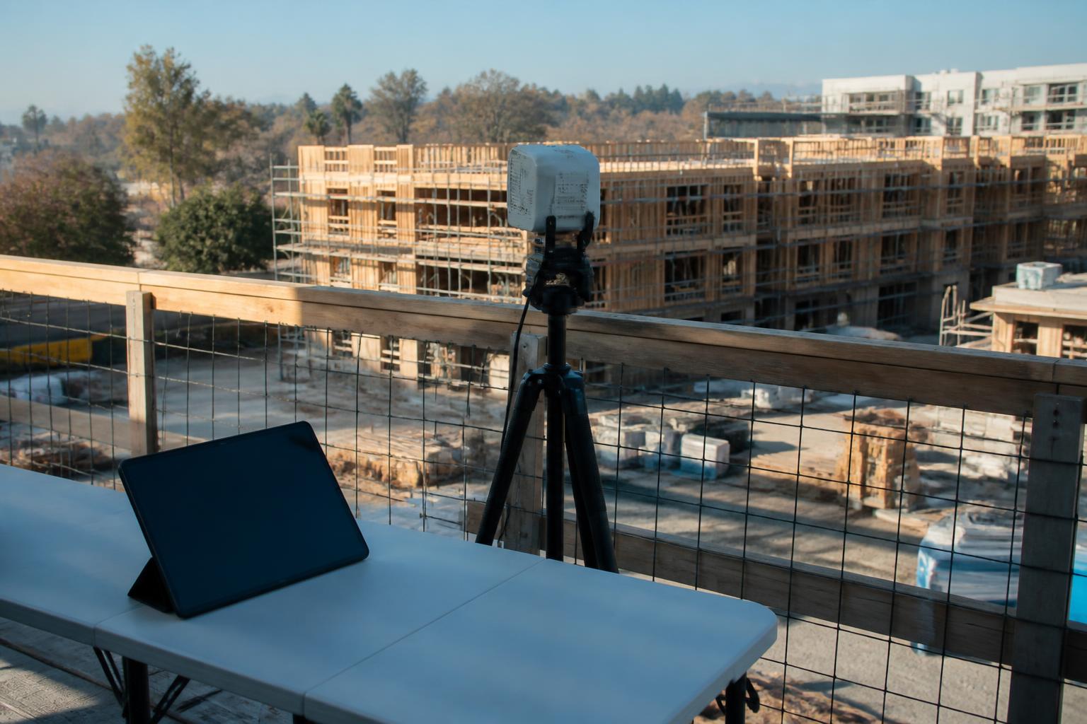 Remote monitoring equipment overlooking a mid-rise construction site