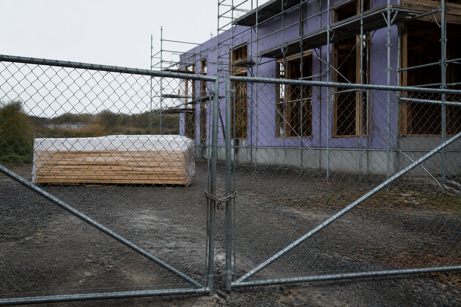 A stalled construction site with idle framing and unopened material pallets